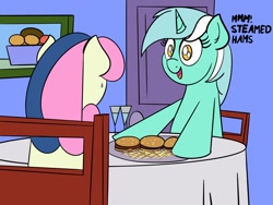 Size: 1280x962 | Tagged: safe, artist:ashtoneer, character:bon bon, character:lyra heartstrings, character:sweetie drops, species:earth pony, species:pony, species:unicorn, burger, duo, food, hamburger, meme, parody, ponies eating meat, steamed hams, the simpsons