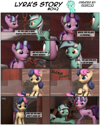 Size: 3929x4912 | Tagged: safe, artist:goatcanon, character:bon bon, character:lyra heartstrings, character:starlight glimmer, character:sweetie drops, comic:lyra's story, 3d, dialogue, equal town, fight, levitation, magic, our town, s5 starlight, source filmmaker, staff, staff of sameness, starlight's village, telekinesis