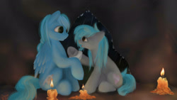 Size: 1920x1080 | Tagged: safe, artist:elisdoominika, oc, oc only, oc:sweet elis, oc:thinker blue, species:earth pony, species:pony, species:unicorn, bandage, candle, cave, duo, female, looking at each other, mare