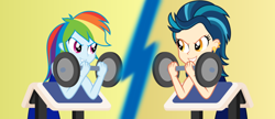 Size: 1024x441 | Tagged: safe, artist:mlp-trailgrazer, character:indigo zap, character:rainbow dash, my little pony:equestria girls, commission, weight lifting