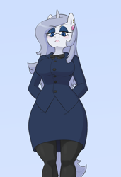 Size: 1344x1960 | Tagged: safe, artist:skecchiart, oc, oc only, oc:platinum decree, species:anthro, species:pony, species:unicorn, blazer, blue background, businessmare, clothing, ear piercing, earring, eyeshadow, female, garter belt, hands behind back, jewelry, looking at you, looking down, makeup, mare, milf, not impressed, pantyhose, piercing, ribbon, simple background, skirt, skirt suit, solo, suit
