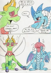 Size: 750x1076 | Tagged: safe, artist:kuroneko, derpibooru original, character:princess ember, character:thorax, species:changeling, species:dragon, species:reformed changeling, :o, bait and switch, blushing, blushing profusely, changeling king, colored pencil drawing, dialogue, dragoness, ear blush, embarrassed, embrax, eye contact, female, floppy ears, grin, holding hands, holding hooves, interspecies, lewd, lidded eyes, looking at each other, male, open mouth, please be gentle, red face, shipping, simple background, sitting, smiling, speech bubble, spread wings, steam, straight, text, traditional art, white background, wingboner, wings