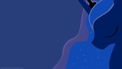Size: 1366x768 | Tagged: safe, artist:nolycs, character:princess luna, species:alicorn, species:pony, blue background, bust, eyes closed, female, horn, jewelry, lineless, mare, minimalist, portrait, profile, regalia, simple background, solo, tiara, wallpaper, wings