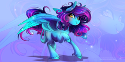 Size: 1600x800 | Tagged: safe, artist:wilvarin-liadon, oc, oc only, oc:ice wing, species:pegasus, species:pony, commission, female, leonine tail, mare, prancing, raised hoof, smiling, solo, spread wings, unshorn fetlocks, wings, zoom layer