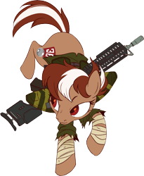 Size: 2292x2792 | Tagged: safe, artist:mellowhen, oc, oc only, oc:roulette, species:pony, fallout equestria, action pose, bandage, clothing, fallout equestria: red 36, female, gun, hoof wraps, rifle, simple background, solo, transparent background, weapon