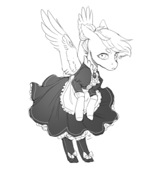 Size: 650x693 | Tagged: safe, artist:amphoera, oc, oc only, oc:venti via, species:pegasus, species:pony, beanbrows, bow, clothing, dress, eyebrows, female, maid, monochrome, simple background, socks, solo, spread wings, wings