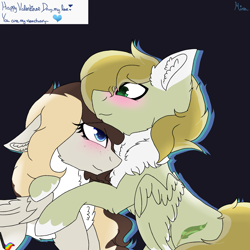 Size: 2560x2560 | Tagged: safe, artist:brokensilence, oc, oc only, oc:auctor, oc:misty serenity, species:pegasus, species:pony, blue background, blushing, chest fluff, couple, female, freckles, gift art, hug, male, mistor, shipping, simple background, smiling, straight
