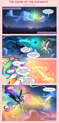 Size: 1600x3322 | Tagged: safe, artist:wilvarin-liadon, character:nightmare moon, character:princess celestia, character:princess luna, species:alicorn, species:pony, comic:the curse of the elements, blast, cloud, combat, comic, crying, dialogue, duo, elements of harmony, english, female, fight, flying, horn, magic, magic blast, mare, night, sky, speech bubble, stars, wings