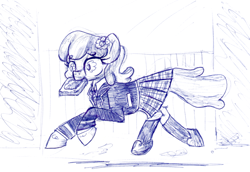 Size: 874x601 | Tagged: safe, artist:shoeunit, character:cheerilee, species:earth pony, species:pony, bread, clothing, female, food, mare, monochrome, mouth hold, running, school uniform, schoolgirl toast, shoes, solo, traditional art