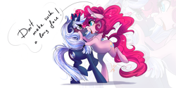 Size: 8000x4000 | Tagged: safe, artist:wilvarin-liadon, character:pinkie pie, oc, oc:silverlay, species:earth pony, species:pony, species:unicorn, backbend, boop, cheek squish, cute, female, looking at each other, mare, noseboop, personal space invasion, smiling, speech, squishy cheeks, zoom layer