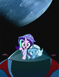 Size: 540x704 | Tagged: safe, artist:dori-to, character:starlight glimmer, character:trixie, species:pony, species:unicorn, accessory swap, c:, car, clothing, cute, diatrixes, driving, duo, earth, elon musk, female, glare, glimmerbetes, hat, hoof ohld, how, lidded eyes, looking at you, mare, open mouth, orbit, planet, roadster, rocket, smiling, smirk, space, space tesla, spacex, starman, tesla, tesla roadster, toy interpretation, trixie's hat, trixie's rocket, wat