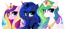 Size: 2700x1200 | Tagged: safe, artist:vird-gi, character:princess cadance, character:princess celestia, character:princess luna, species:alicorn, species:pony, alicorn triarchy, crown, female, jewelry, mare, regalia, royal sisters, smiling, trio