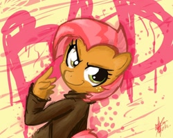 Size: 1000x800 | Tagged: safe, artist:nolycs, character:babs seed, species:anthro, species:earth pony, species:pony, clothing, female, jacket, looking at you, looking back, looking back at you, solo