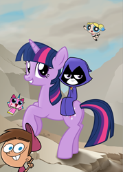 Size: 5840x8172 | Tagged: safe, artist:amarthgul, character:twilight sparkle, character:twilight sparkle (unicorn), species:pony, species:unicorn, absurd resolution, bubbles (powerpuff girls), crossover, humans riding ponies, lego, napoleon crossing the alps, raven (teen titans), rearing, riding, tara strong, teen titans go, the lego movie, timmy turner, unikitty, unikitty! (tv series), voice actor joke