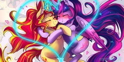 Size: 3464x1732 | Tagged: safe, artist:wilvarin-liadon, character:sunset shimmer, character:twilight sparkle, character:twilight sparkle (alicorn), species:alicorn, species:pony, ship:sunsetsparkle, backbend, blushing, eyes closed, female, glowing horn, heart, horn, hug, lesbian, magic, mare, shipping, wings