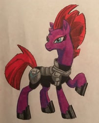 Size: 2271x2807 | Tagged: safe, artist:bozzerkazooers, character:fizzlepop berrytwist, character:tempest shadow, species:pony, species:unicorn, my little pony: the movie (2017), armor, broken horn, clothing, eyelashes, female, hair, hoof shoes, mane, mare, mohawk, raised hoof, shoes, simple background, smiling, solo, tail, traditional art, white background