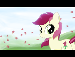 Size: 1280x960 | Tagged: safe, artist:why485, character:roseluck, species:earth pony, species:pony, g4, female, letterboxing, looking at you, looking back, mare, rose petals, solo, wallpaper, wind