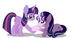 Size: 3902x2043 | Tagged: safe, artist:squipycheetah, character:starlight glimmer, character:twilight sparkle, character:twilight sparkle (alicorn), species:alicorn, species:pony, species:unicorn, episode:the cutie re-mark, cute, duo, duo female, female, forgiveness, holding hooves, leaning, lying down, redemption, simple background, transparent background
