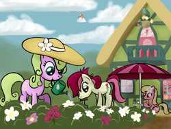 Size: 1600x1200 | Tagged: safe, artist:why485, character:daisy, character:honey rays, character:honeysuckle, character:lily, character:lily valley, character:roseluck, species:earth pony, species:pegasus, species:pony, g4, female, flower, flower trio, mare, mouth hold, peeking, rose, watering can