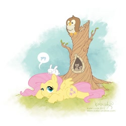 Size: 720x720 | Tagged: safe, artist:katiecandraw, character:fluttershy, species:owl, species:rabbit, squirrel, tree trunk, yay