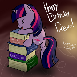 Size: 1200x1200 | Tagged: safe, artist:why485, character:twilight sparkle, character:twilight sparkle (unicorn), species:pony, species:unicorn, g4, book, climbing, eyes closed, female, filly, foal, solo, that pony sure does love books, tongue out