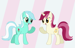 Size: 1400x900 | Tagged: safe, artist:why485, character:lyra heartstrings, character:roseluck, species:earth pony, species:pony, species:unicorn, g4, abstract background, costume, duo, duo female, female, mare, palette swap, photoshop, raised hoof, recolor