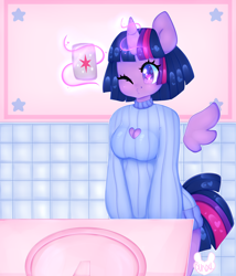 Size: 3000x3500 | Tagged: safe, artist:bunxl, character:twilight sparkle, character:twilight sparkle (alicorn), species:alicorn, species:anthro, species:pony, arm behind back, blushing, camera, cellphone, cleavage window, clothing, female, glowing horn, heart, heart eyes, kissy face, magic, mare, mirror, one eye closed, open-chest sweater, phone, selfie, signature, smartphone, solo, sweater, telekinesis, wingding eyes, wink