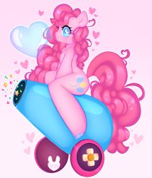 Size: 3000x3500 | Tagged: safe, artist:bunxl, character:pinkie pie, species:earth pony, species:pony, anatomically incorrect, aside glance, blowing bubbles, bubble, confetti, female, heart, heart eyes, incorrect leg anatomy, looking at you, looking sideways, mare, party cannon, semi-anthro, signature, sitting, solo, wingding eyes
