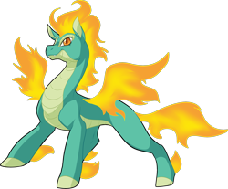 Size: 2288x1891 | Tagged: safe, artist:fizzy-dog, community related, character:tianhuo, species:longma, them's fightin' herds, fangs, female, fiery wings, mane of fire, simple background, smiling, solo, transparent background
