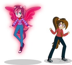 Size: 1024x919 | Tagged: safe, artist:mlp-trailgrazer, oc, oc only, oc:contralto, oc:cupcake slash, my little pony:equestria girls, clothing, equestria girls-ified, evil grin, female, fin wings, gem, grin, hoodie, lesbian, pants, ponied up, pony ears, shoes, simple background, siren gem, smiling, striped shirt, sweater, transparent background