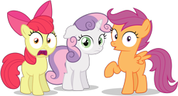 Size: 5600x3050 | Tagged: safe, artist:tomfraggle, character:apple bloom, character:scootaloo, character:sweetie belle, species:earth pony, species:pegasus, species:pony, species:unicorn, absurd resolution, bow, cutie mark crusaders, female, filly, hair bow, looking at you, raised hoof, simple background, surprised, transparent background, trio, vector