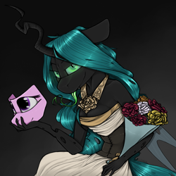 Size: 932x932 | Tagged: safe, artist:sinrar, character:queen chrysalis, species:anthro, bouquet, clothing, dress, female, flower, forked tongue, horn, insect wings, jewelry, mask, necklace, solo, wedding dress, wings