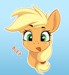 Size: 900x973 | Tagged: safe, artist:pony-butt-express, character:applejack, species:earth pony, species:pony, blep, blue background, cute, female, freckles, jackabetes, looking at you, silly, silly pony, simple background, solo, tongue out, who's a silly pony