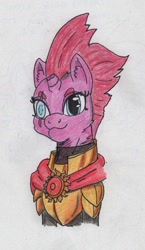 Size: 524x903 | Tagged: safe, artist:kuroneko, derpibooru original, character:fizzlepop berrytwist, character:tempest shadow, species:pony, species:unicorn, my little pony: the movie (2017), armor, blind eye, broken horn, cape, clothing, colored pencil drawing, eye scar, eyebrows, female, looking at you, mare, royal guard armor, scar, simple background, solo, tempest becomes a royal guard, traditional art, white background, wrong eye color