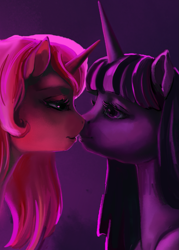 Size: 775x1080 | Tagged: safe, artist:cosmicunicorn, character:sunset shimmer, character:twilight sparkle, ship:sunsetsparkle, female, imminent kissing, lesbian, looking at each other, shipping, wip