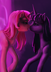 Size: 775x1080 | Tagged: safe, artist:cosmicunicorn, character:sunset shimmer, character:twilight sparkle, character:twilight sparkle (alicorn), species:alicorn, species:pony, ship:sunsetsparkle, female, imminent kissing, lesbian, looking at each other, shipping, wip