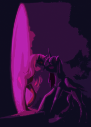 Size: 775x1080 | Tagged: safe, artist:cosmicunicorn, character:sunset shimmer, character:twilight sparkle, character:twilight sparkle (alicorn), species:alicorn, species:pony, ship:sunsetsparkle, dark, female, imminent kissing, lesbian, looking at each other, magic mirror, portal, shipping