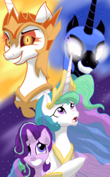 Size: 1200x1920 | Tagged: safe, artist:theroyalprincesses, character:daybreaker, character:nightmare moon, character:princess celestia, character:princess luna, character:starlight glimmer, species:alicorn, species:pony, species:unicorn, episode:a royal problem, g4, my little pony: friendship is magic, crown, evil grin, fangs, female, glowing eyes, grin, helmet, mare, night, regalia, slit eyes, smiling, white eyes