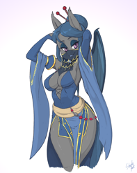 Size: 1640x2080 | Tagged: safe, artist:skecchiart, oc, oc only, oc:river rhythm, species:anthro, species:bat pony, species:pony, absolute cleavage, armpits, bedroom eyes, big breasts, breasts, chopsticks, cleavage, clothing, female, hair bun, harem outfit, looking at you, mare, solo, veil, wide hips