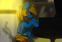 Size: 1024x687 | Tagged: safe, artist:starlyfly, oc, species:earth pony, species:pony, female, looking at something, looking down, mare, piano, profile, sitting, solo