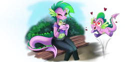 Size: 3464x1732 | Tagged: safe, artist:wilvarin-liadon, character:barb, character:spike, species:anthro, species:dragon, belly button, blushing, clothing, dragoness, female, heart eyes, looking at you, midriff, one eye closed, ponidox, rule 63, self ponidox, selfcest, shipping, shirt, smiling, spikebarb, tank top, wingding eyes, wink