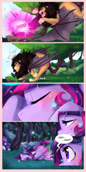 Size: 1024x2048 | Tagged: safe, artist:wilvarin-liadon, character:spike, character:twilight sparkle, character:twilight sparkle (alicorn), species:alicorn, species:dragon, species:pony, comic:the curse of the elements, backpack, claws, comic, dazed, dialogue, everfree forest, fangs, food, magic, manticore, mushroom, sandwich, speech bubble, teleportation, wings