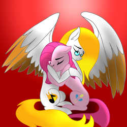 Size: 3000x3000 | Tagged: safe, artist:chelseawest, character:pinkamena diane pie, character:pinkie pie, oc, species:pegasus, species:pony, glasses, high res, hug, sitting, two toned wings