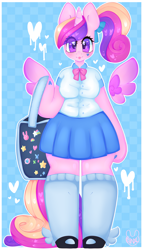 Size: 2013x3500 | Tagged: safe, artist:bunxl, character:princess cadance, species:alicorn, species:anthro, species:pony, species:unguligrade anthro, clothing, cute, female, floating wings, heart, looking at you, mare, mary janes, pleated skirt, ponytail, shirt, shoes, skirt, socks