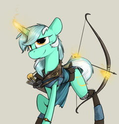 Size: 1150x1200 | Tagged: safe, artist:sinrar, character:lyra heartstrings, species:pony, species:unicorn, archer, archery, arrow, bow (weapon), bow and arrow, bracelet, clothing, female, glowing horn, gray background, hand, jewelry, lyre, magic, magic hands, mare, raised hoof, saddle bag, simple background, smiling, solo, telekinesis, weapon