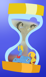 Size: 3000x5000 | Tagged: safe, artist:chelseawest, character:doctor whooves, character:perfect pace, character:time turner, species:pony, high res, hourglass, prone, sand, the master
