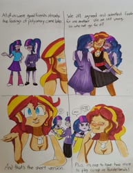 Size: 1280x1659 | Tagged: safe, artist:missmayaleanne, character:sunset shimmer, character:twilight sparkle, character:twilight sparkle (scitwi), species:eqg human, ship:scitwishimmer, ship:sunsetsparkle, my little pony:equestria girls, >:3, alternate costumes, alternate hairstyle, blushing, clothing, cute, dancing, dress, eyes closed, female, lesbian, polyamory, shipping, sunset twiangle, traditional art, trans female, transgender, twiabetes, twitwi, twolight