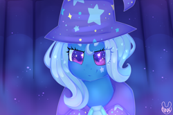 Size: 3000x1987 | Tagged: safe, artist:bunxl, character:trixie, species:pony, species:unicorn, cape, clothing, female, hat, looking at you, mare, solo, trixie's cape, trixie's hat