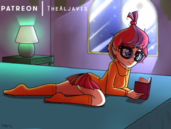 Size: 1000x750 | Tagged: safe, artist:thealjavis, character:moondancer, my little pony:equestria girls, bed, book, clothing, cosplay, costume, cute, equestria girls-ified, female, glasses, pleated skirt, skirt, socks, solo, sweater, velma dinkley