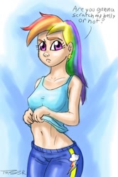 Size: 540x814 | Tagged: safe, artist:pluckyninja, character:rainbow dash, species:human, belly button, bellyrubs, clothing, female, frown, humanized, looking at you, midriff, shirt, shirt lift, solo, tank top